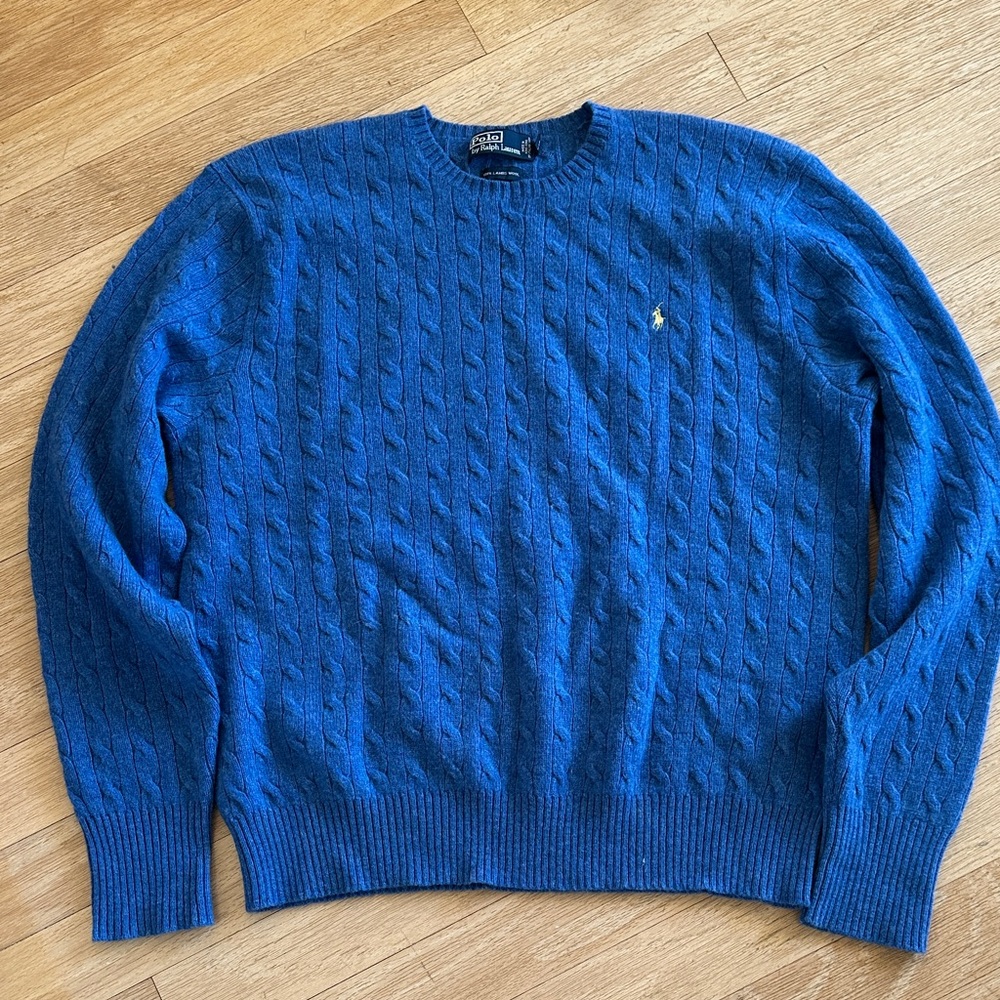 Ralph Lauren Men’s Cable Knit Crewneck Sweater - Blue with Gold Pony